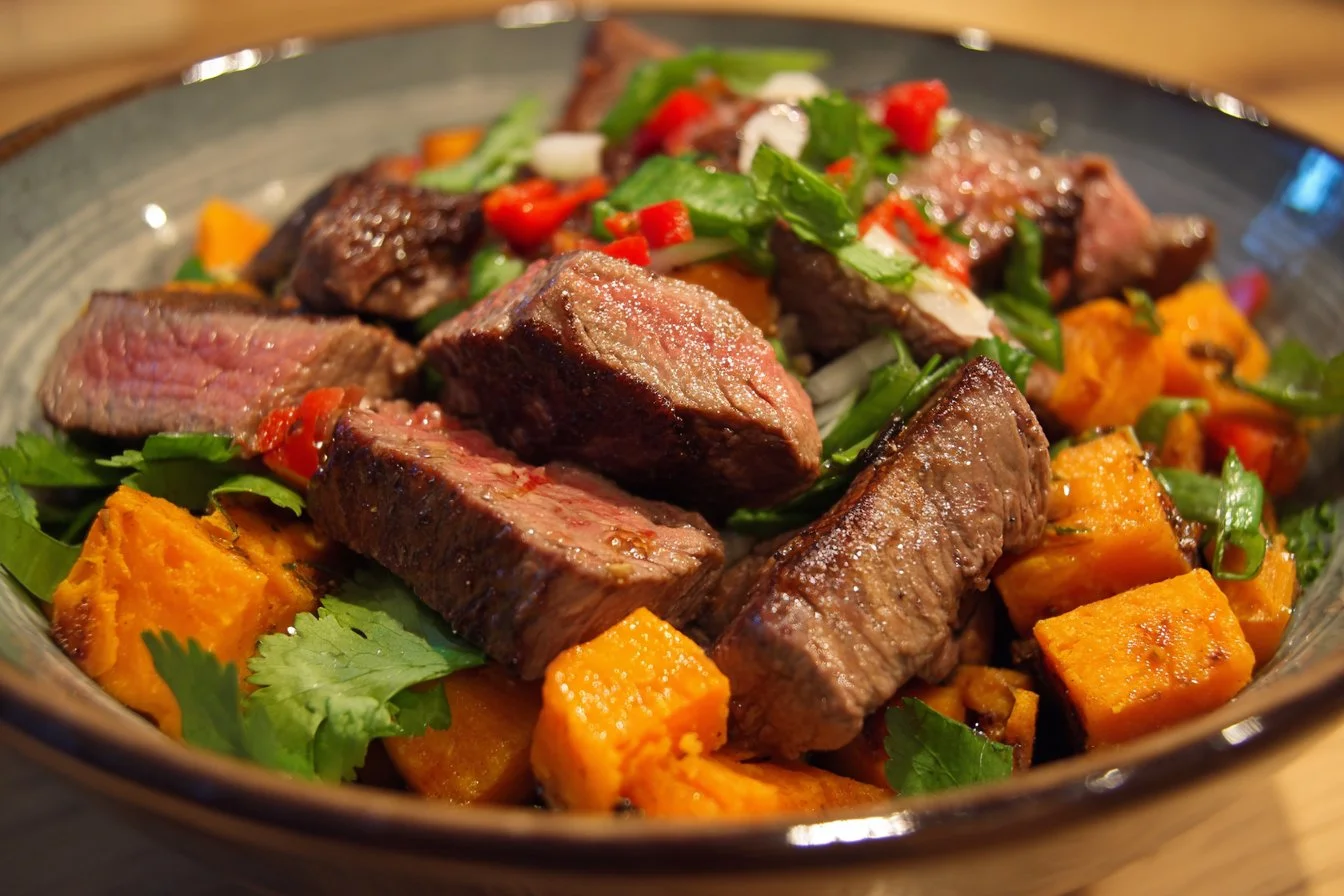 Delicious Beef Sweet Potato Bowl garnished with fresh herbs and spices.