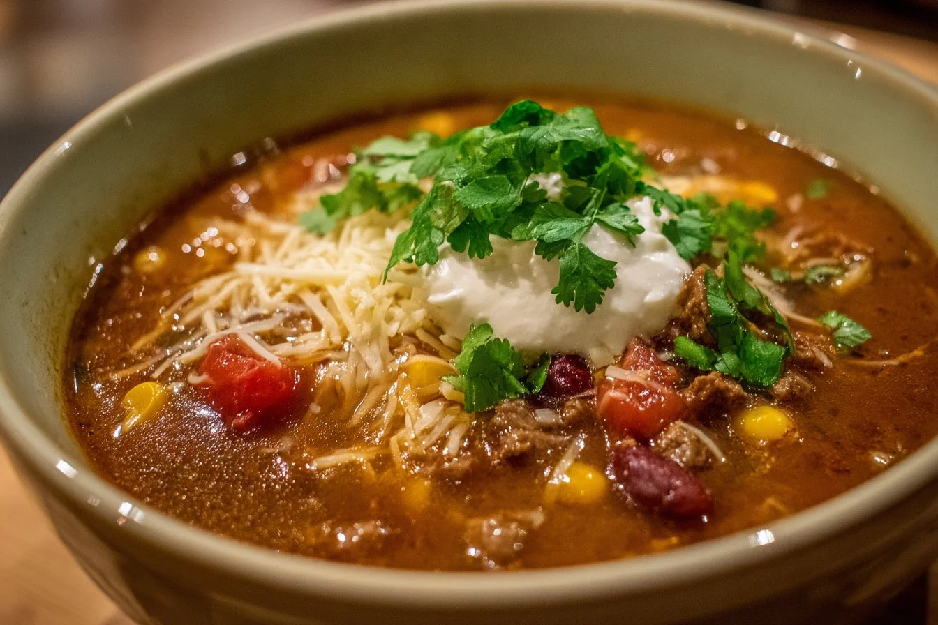 A bowl of hearty beef taco soup garnished with fresh cilantro and cheese