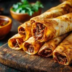 Deliciously crispy beef taquitos served with salsa and guacamole
