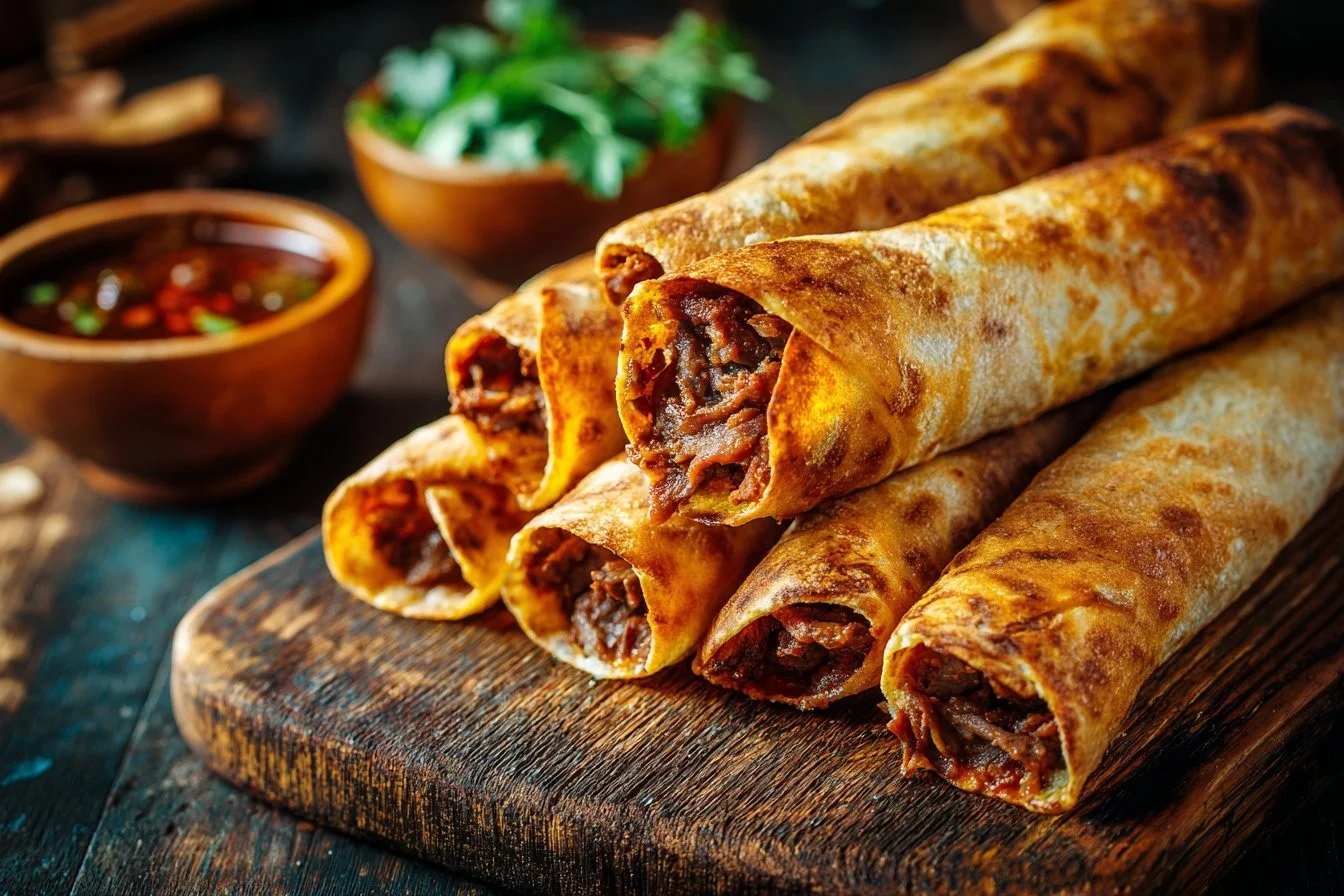 Deliciously crispy beef taquitos served with salsa and guacamole