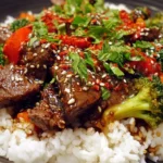 Beef teriyaki stir fry with colorful veggies on a plate