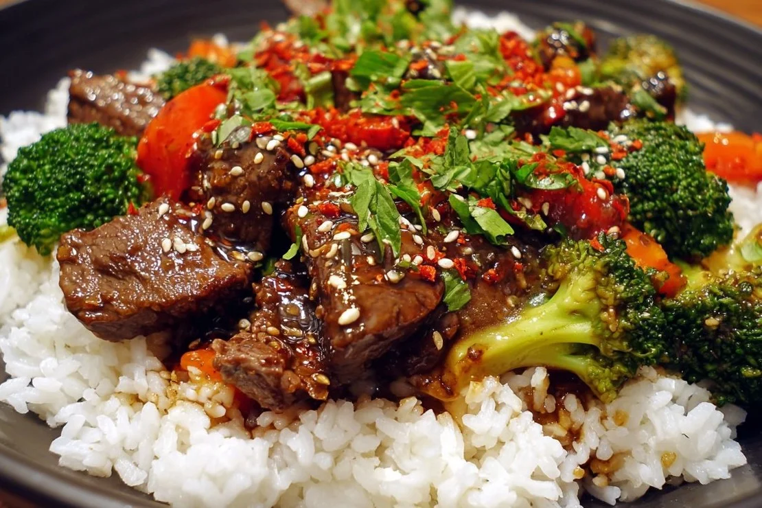 Beef teriyaki stir fry with colorful veggies on a plate