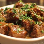 Beef tips and gravy cooked in an Instant Pot