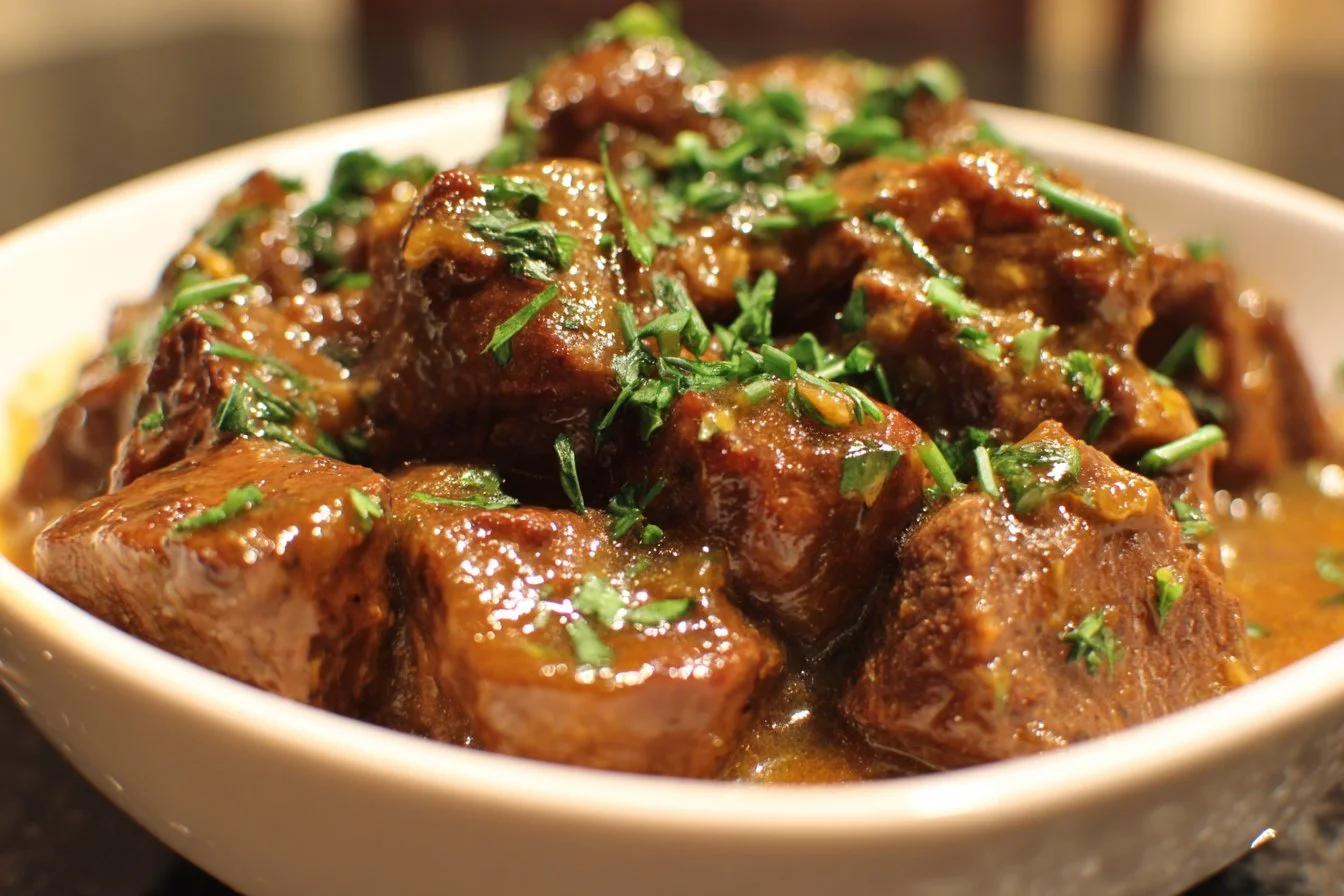 Beef tips and gravy cooked in an Instant Pot