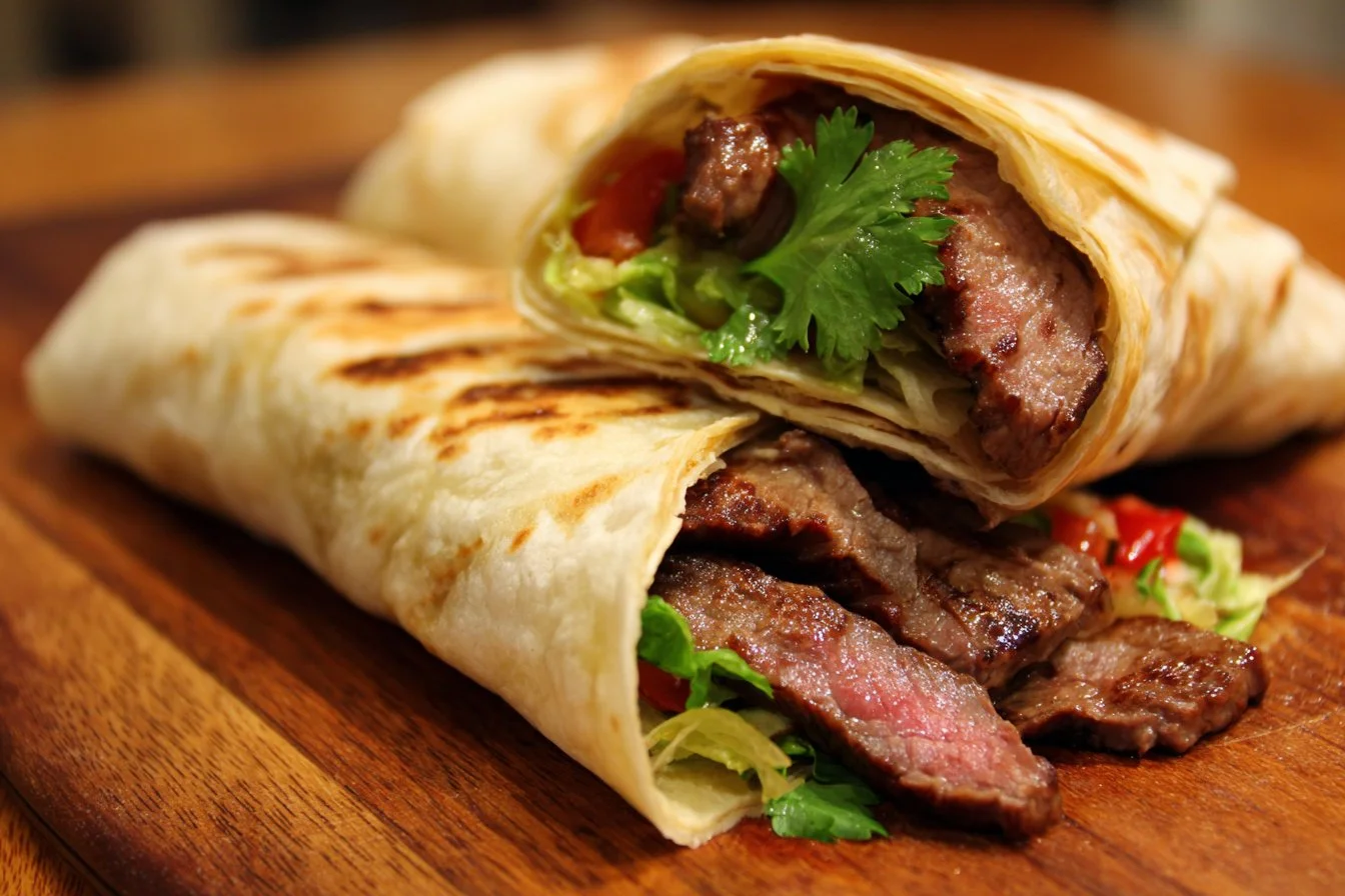 Delicious beef wraps filled with fresh vegetables and savory sauces