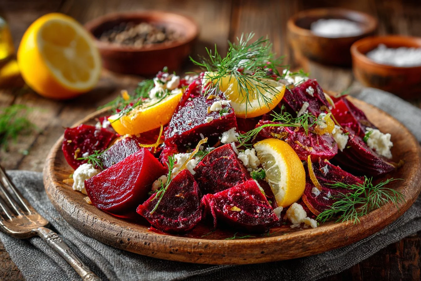Vibrant beetroot salad with fresh greens and dressing