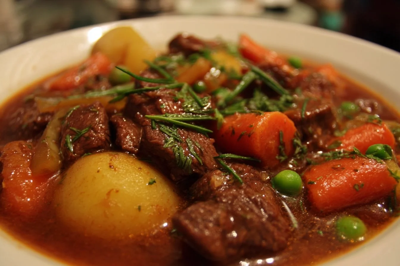 Bowl of delicious beef stew with vegetables and herbs, perfect for a comforting meal.