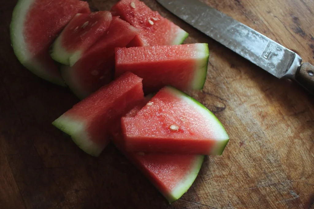 Step-by-step guide for cutting watermelon neatly and efficiently.