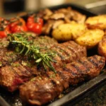 A collection of Blackstone griddle meals being prepared on a flat-top grill.