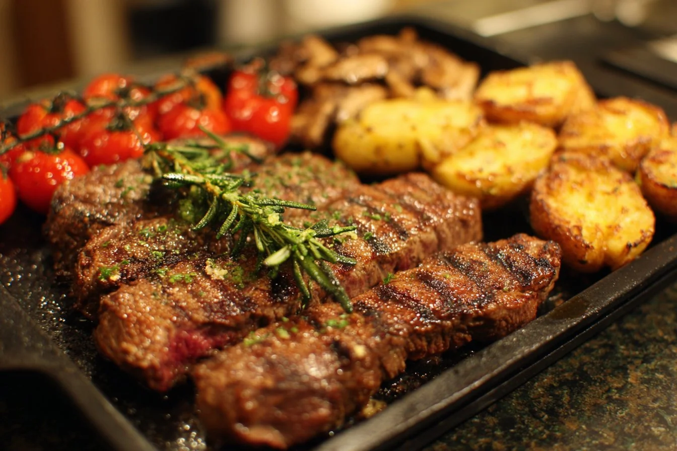 A collection of Blackstone griddle meals being prepared on a flat-top grill.