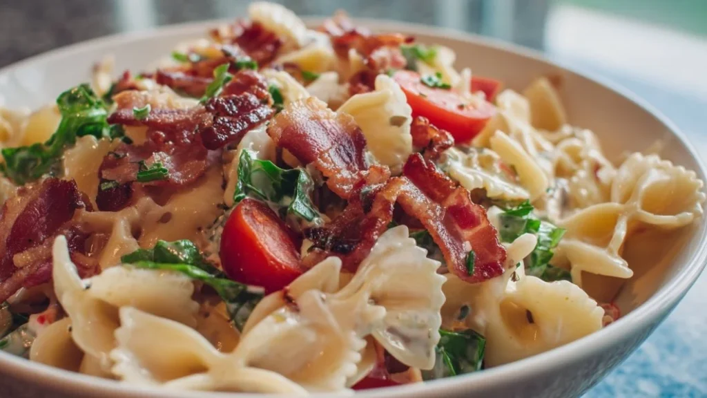 Delicious BLT Pasta Salad with bacon, lettuce, and tomatoes served in a bowl
