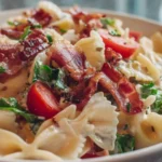 Delicious BLT Pasta Salad with bacon, lettuce, and tomatoes served in a bowl