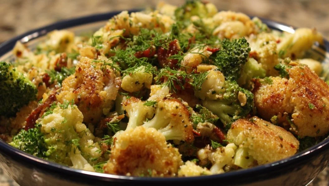 Delicious Broccoli Cauliflower Salad with fresh vegetables and dressing