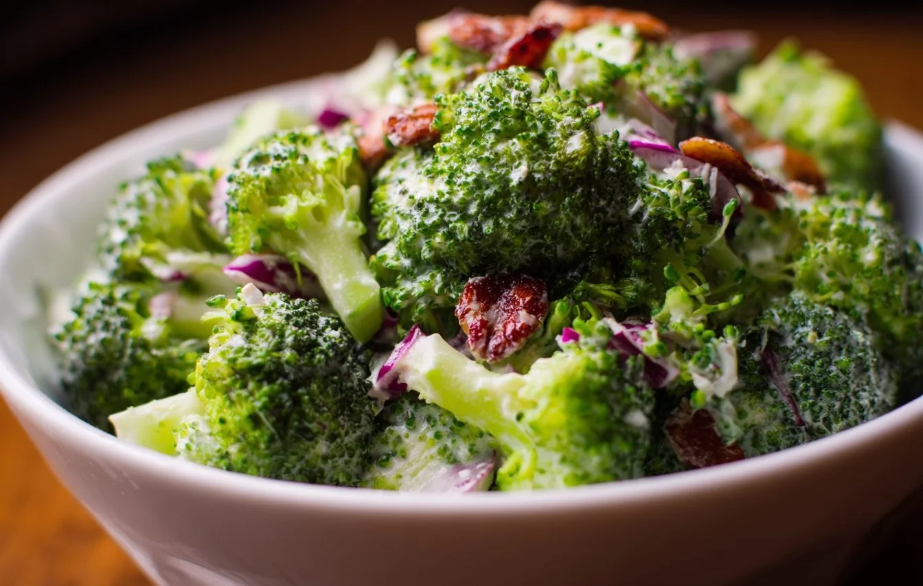 Fresh and vibrant broccoli salad with colorful vegetables and dressing