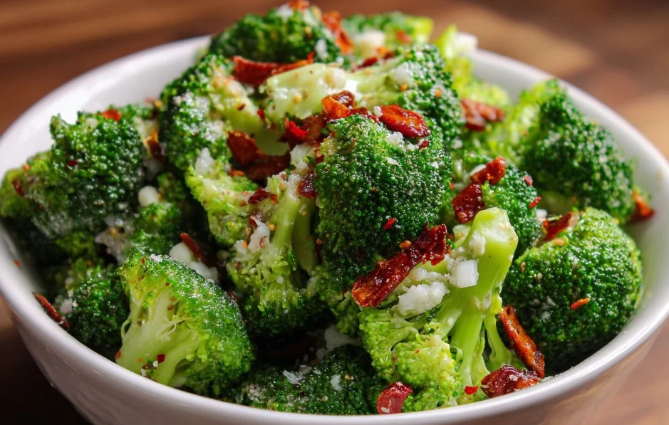 A vibrant broccoli salad with fresh vegetables and dressing