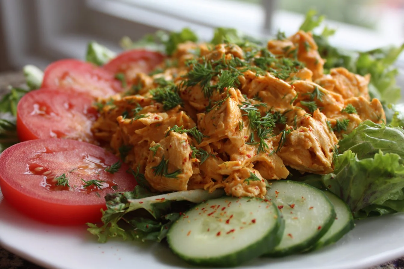 Delicious Buffalo Chicken Salad in a bowl with fresh vegetables and dressing