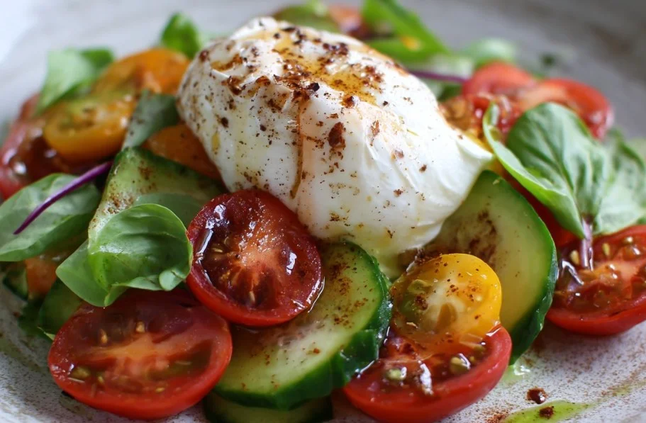 Colorful Burrata Salad with fresh vegetables and creamy cheese on a plate