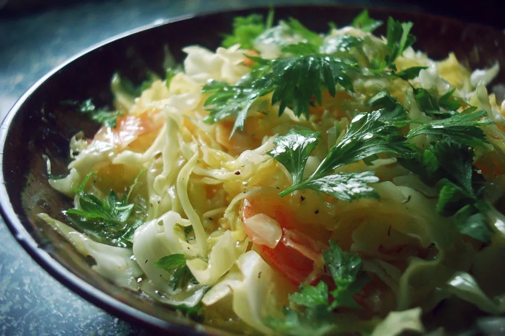 Colorful cabbage salad with vegetables and dressing in a bowl