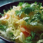 Colorful cabbage salad with vegetables and dressing in a bowl