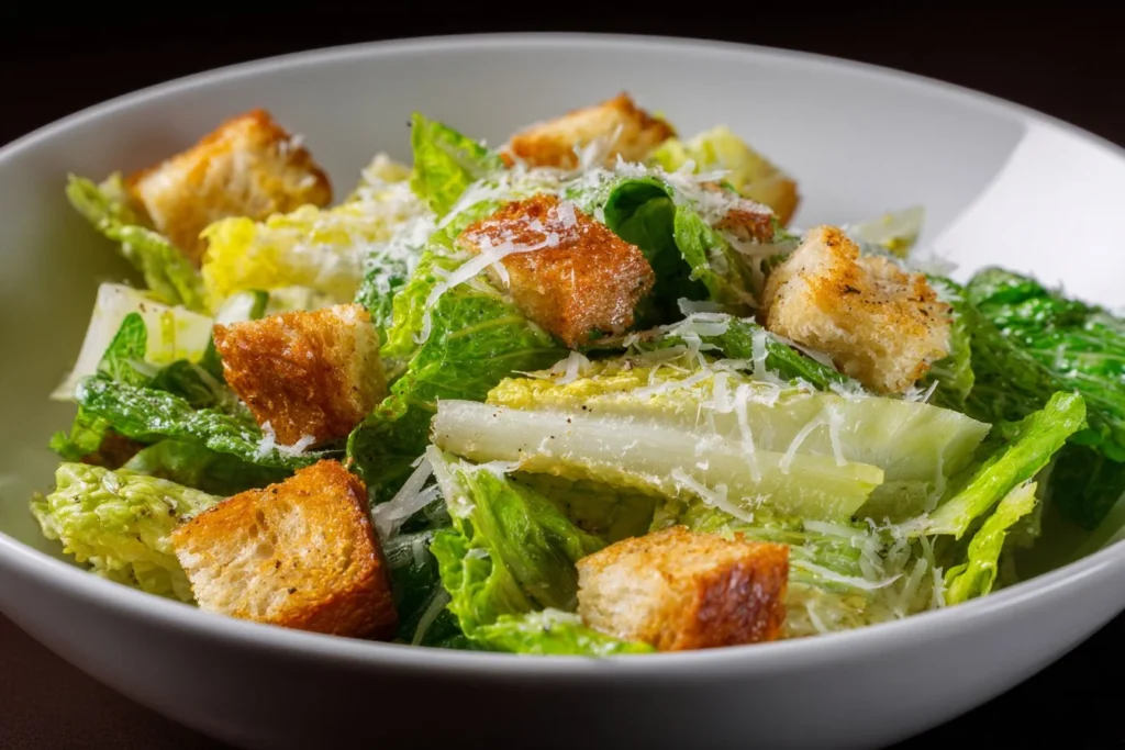 Delicious Caesar Salad with romaine lettuce, croutons, and parmesan cheese