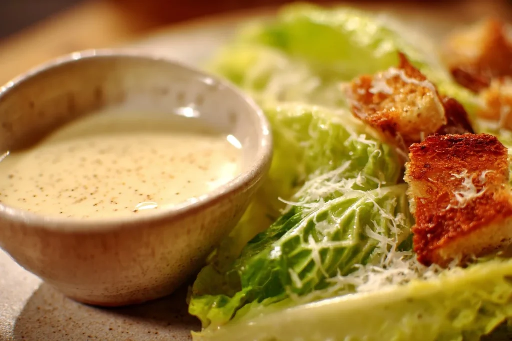 A creamy Caesar Salad Dressing in a glass bowl with fresh ingredients around it.