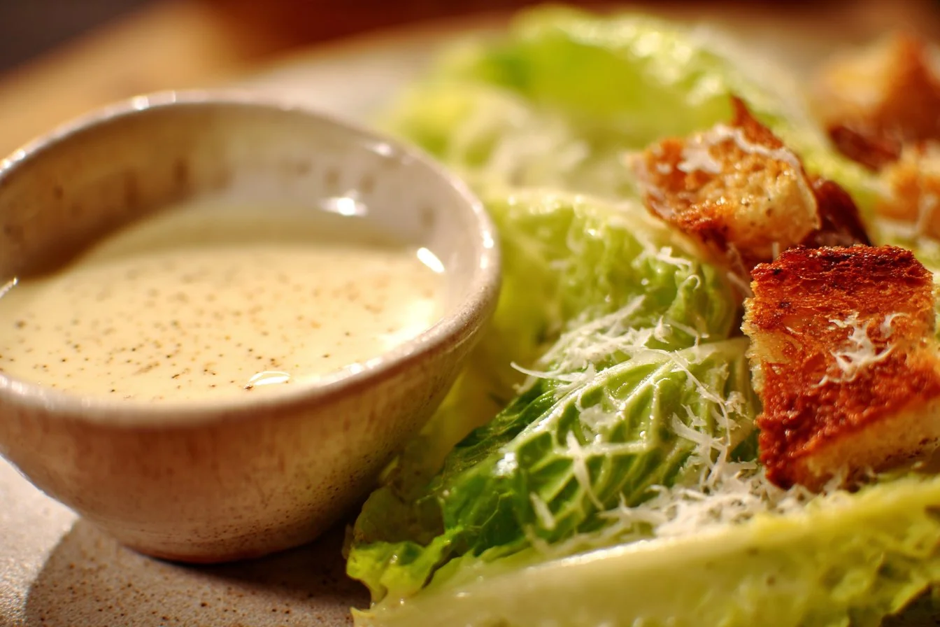 A creamy Caesar Salad Dressing in a glass bowl with fresh ingredients around it.