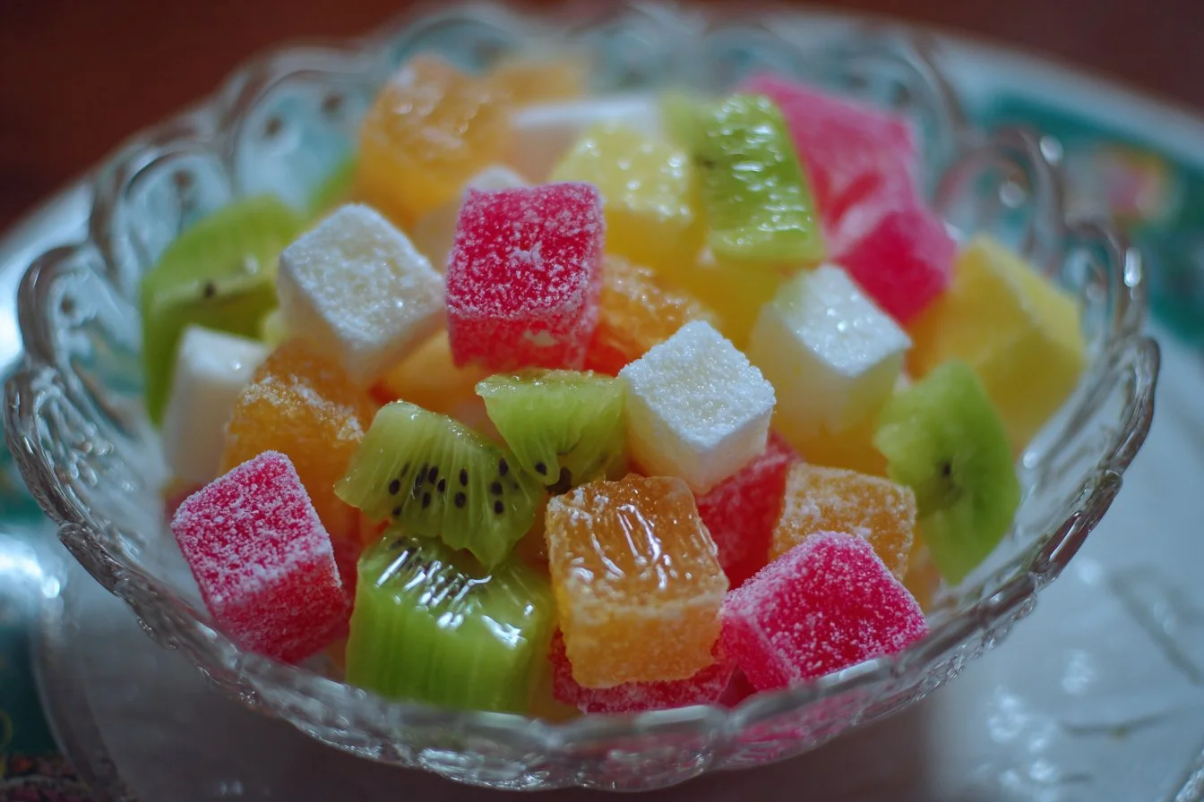 Colorful Candy Salad with various sweets and fruits, perfect for a festive dessert.