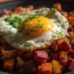 A can of corned beef hash on a wooden kitchen table