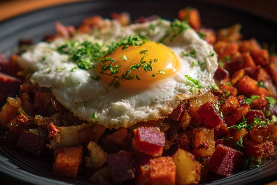 A can of corned beef hash on a wooden kitchen table