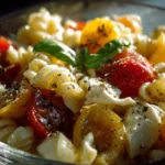 Delicious Caprese Pasta Salad with fresh tomatoes, mozzarella, and basil.