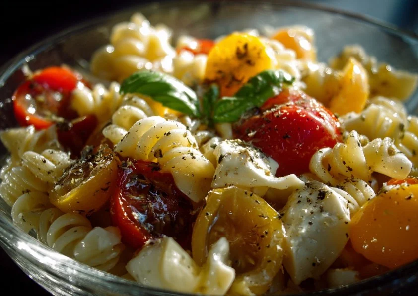Delicious Caprese Pasta Salad with fresh tomatoes, mozzarella, and basil.