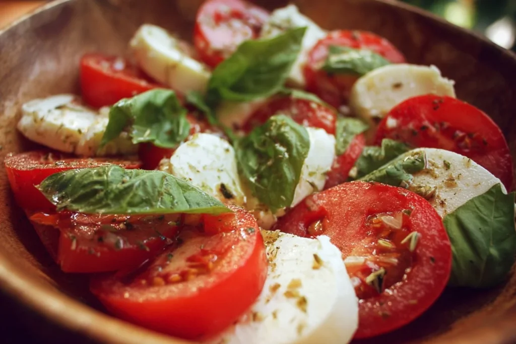 Classic Caprese Salad with fresh tomatoes, mozzarella cheese, and basil leaves