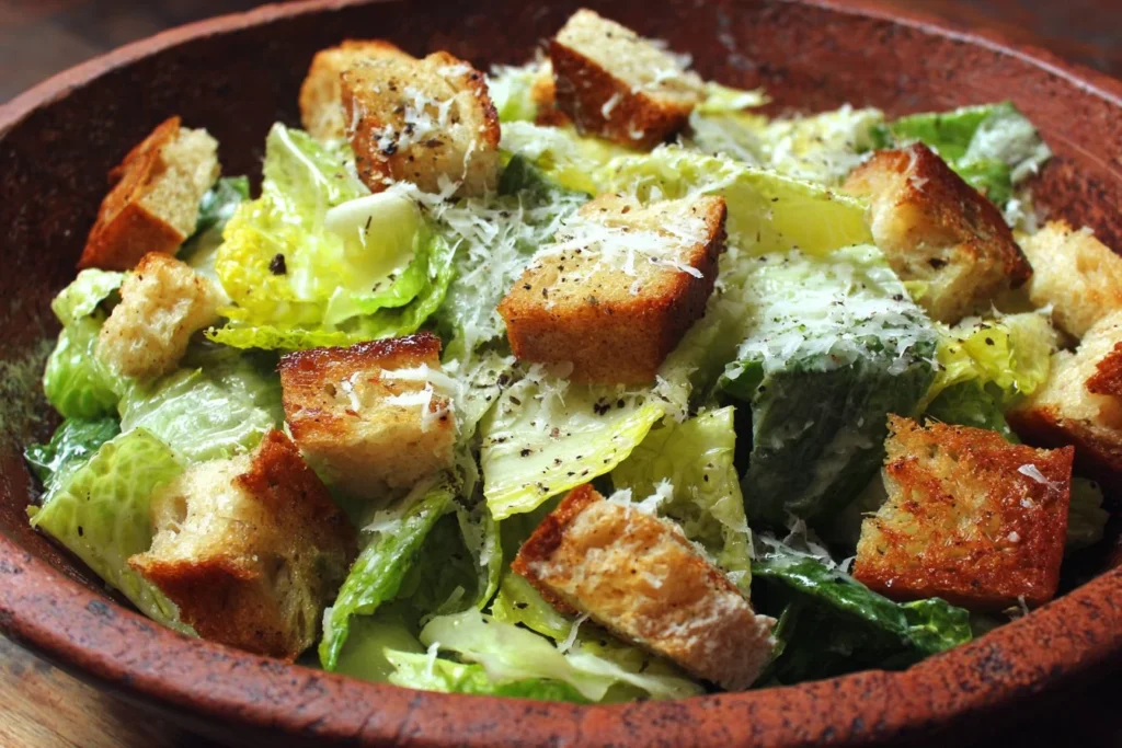 Delicious Caesar salad with romaine lettuce, croutons, and parmesan cheese