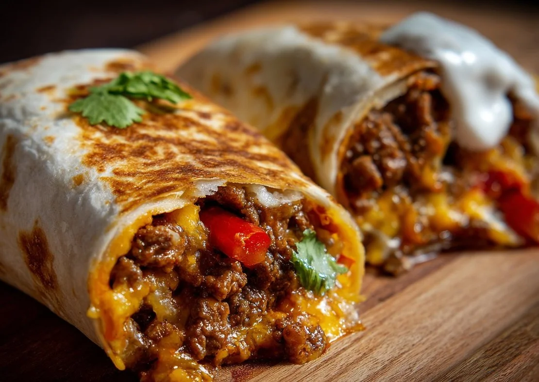 Delicious cheesy beef burritos with melty cheese and seasoned beef filling.
