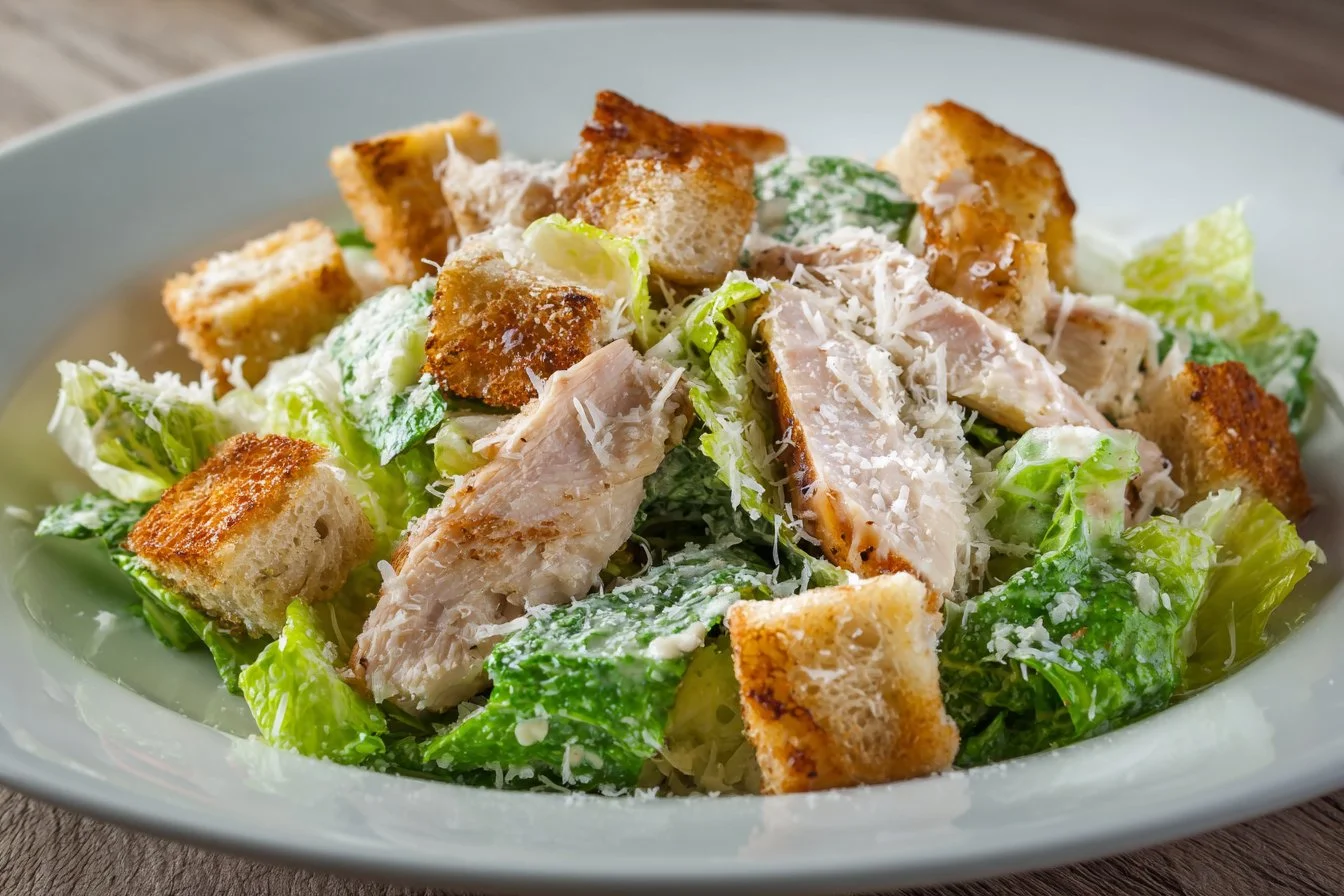 Fresh Chicken Caesar Salad with grilled chicken, romaine lettuce, and creamy dressing