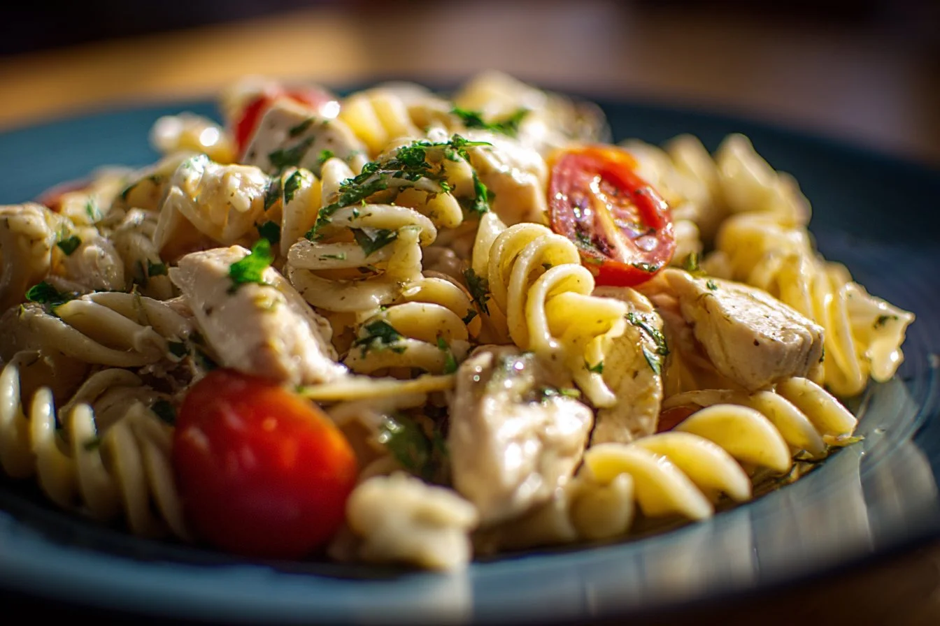 A vibrant Chicken Pasta Salad with colorful vegetables and grilled chicken.