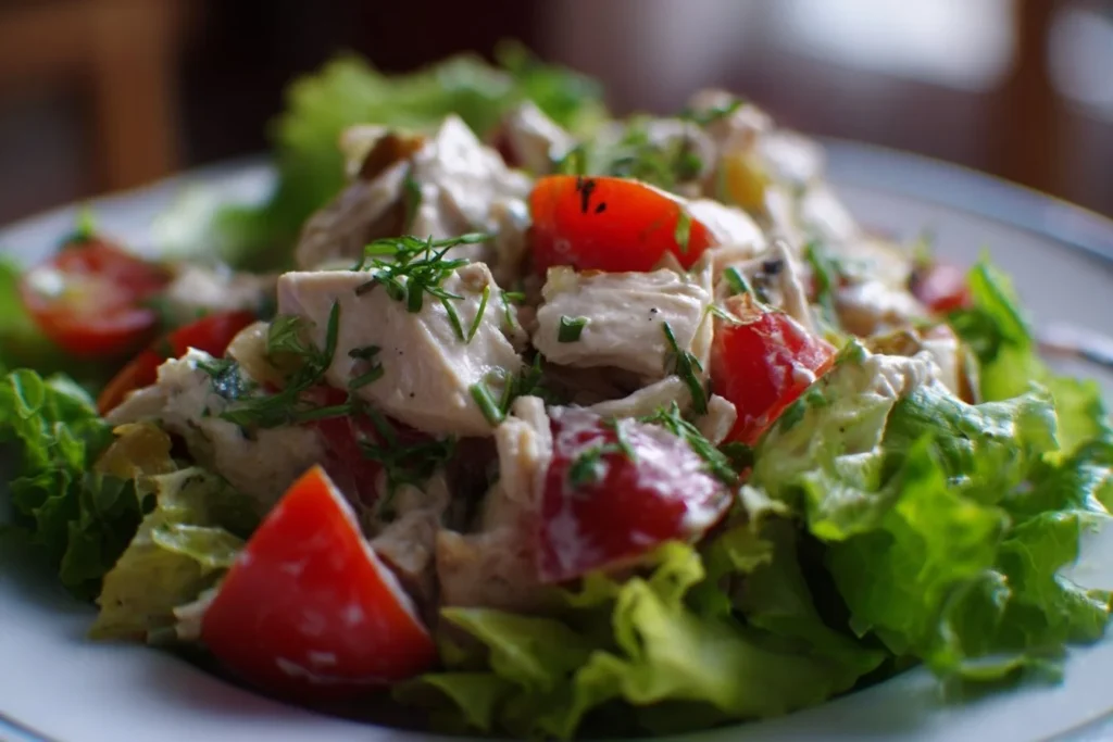 Fresh chicken salad with vegetables and dressing on a plate