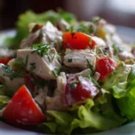 Fresh chicken salad with vegetables and dressing on a plate