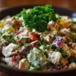 Delicious chicken salad with fresh vegetables and dressing