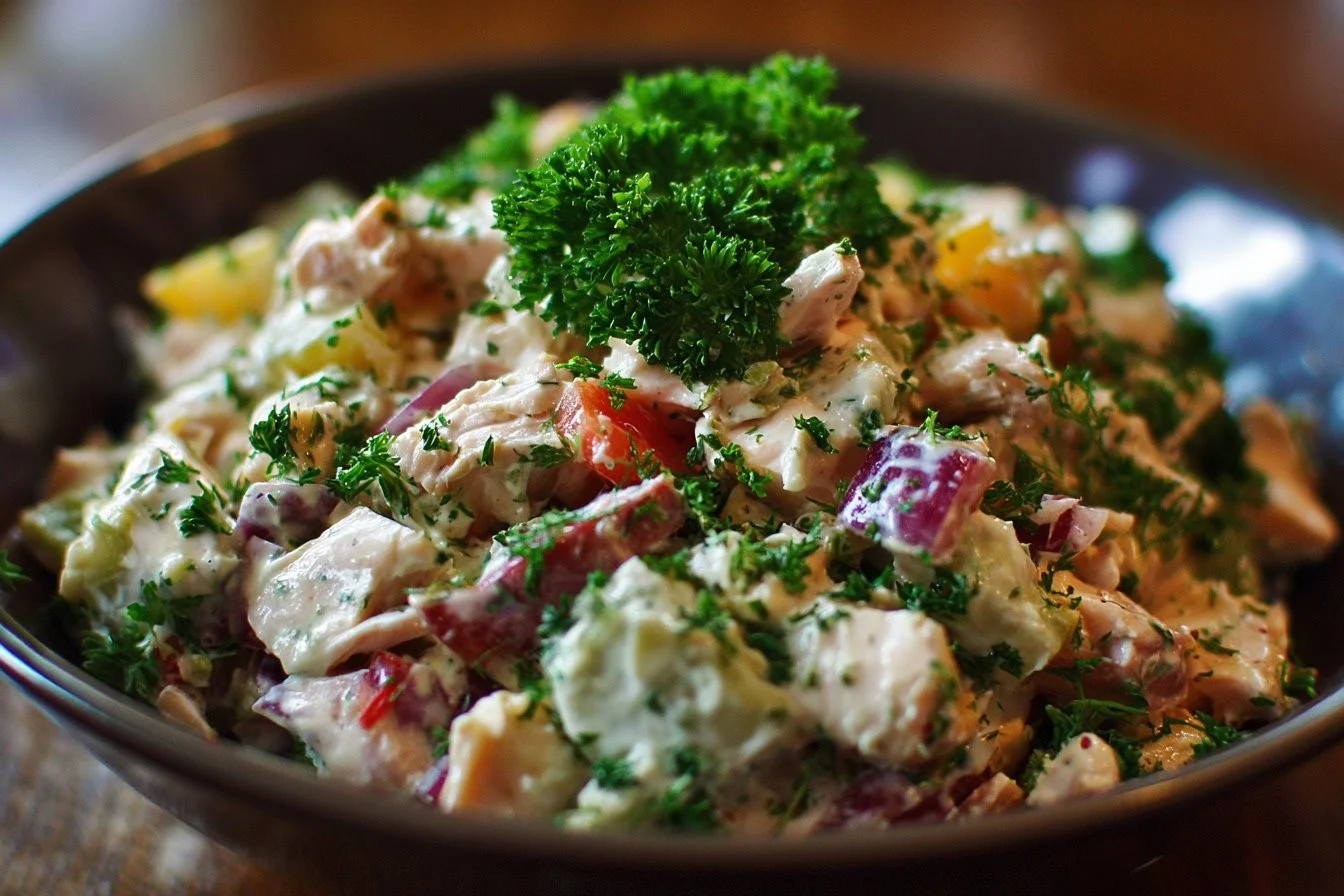 Delicious chicken salad with fresh vegetables and dressing