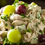 A bowl of chicken salad with grapes, celery, and walnuts served on a wooden table