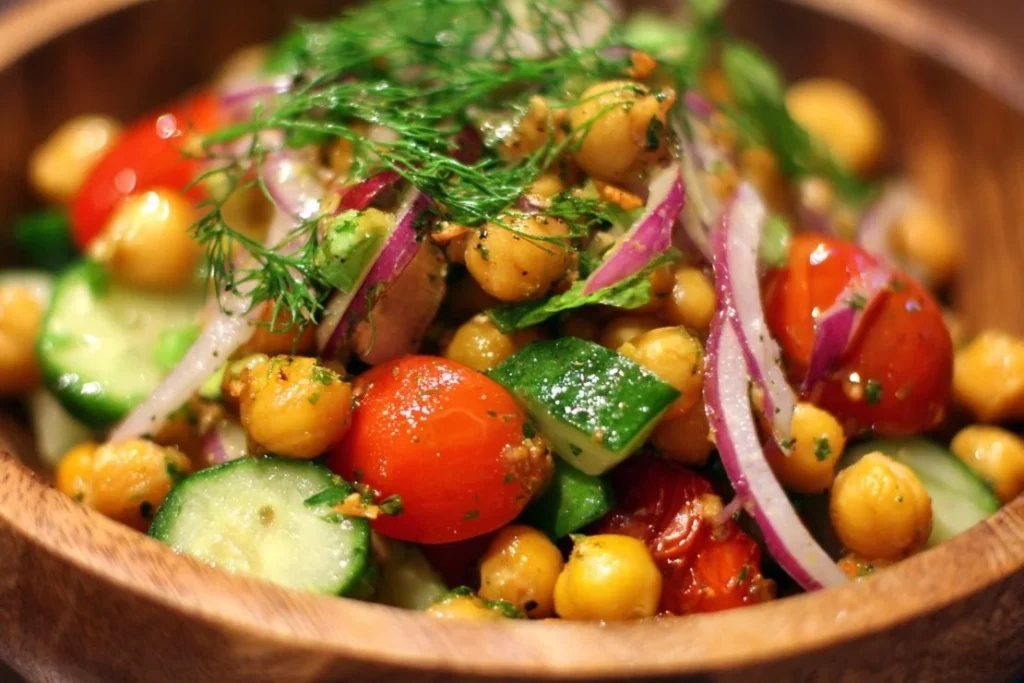 Colorful chickpea salad with fresh vegetables and herbs