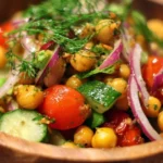 Colorful chickpea salad with fresh vegetables and herbs