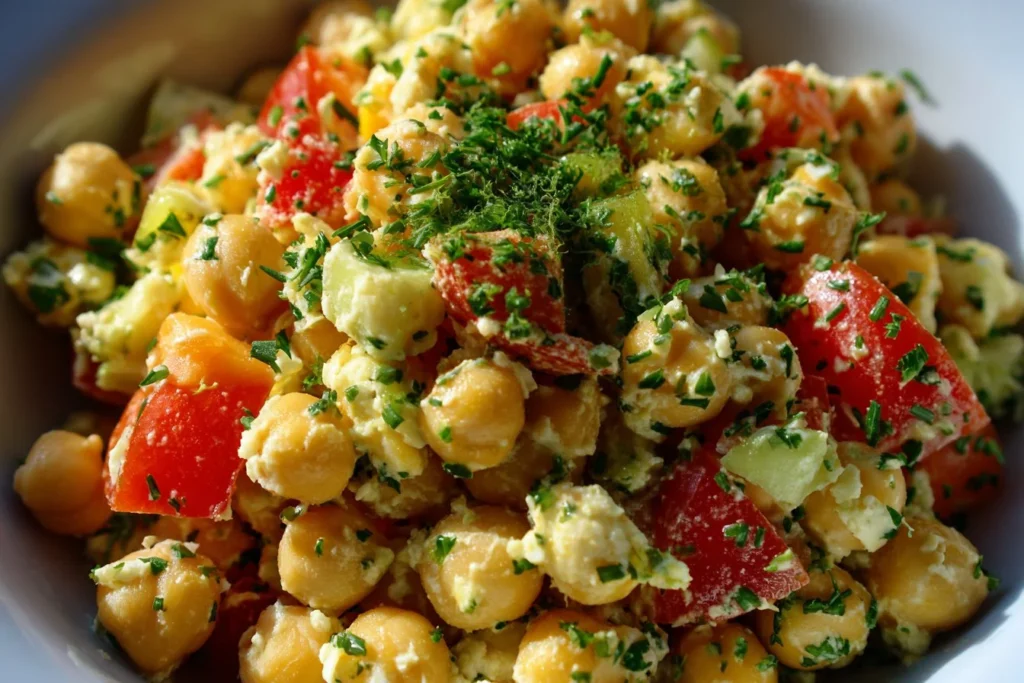 Colorful chickpea salad with fresh vegetables and herbs in a bowl