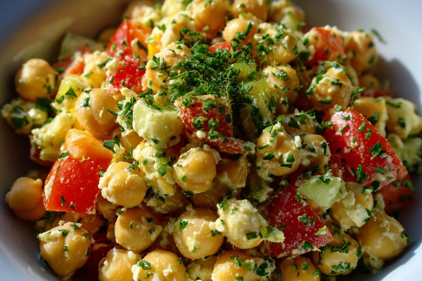 Colorful chickpea salad with fresh vegetables and herbs in a bowl