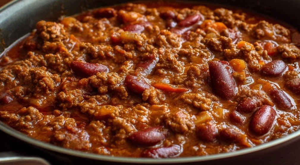 Bowl of Chili con Carne avec Haricots et Viande Hachée topped with fresh herbs