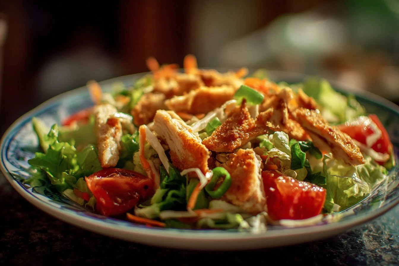 Bowl of flavorful Chinese Chicken Salad with vibrant vegetables and dressing