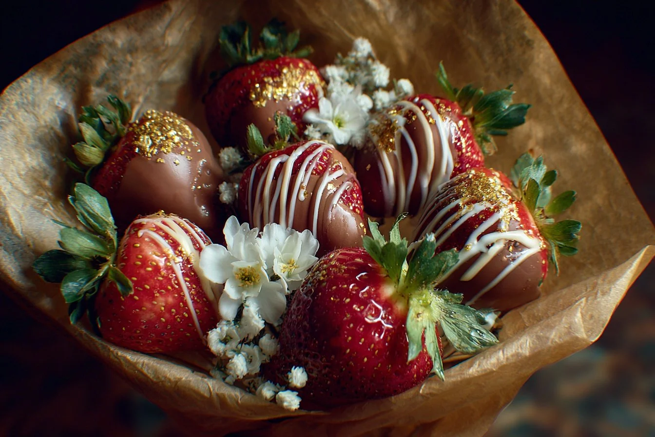 Beautiful bouquet of chocolate covered strawberries ready to delight and impress.