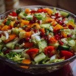 Colorful chopped salad with fresh vegetables and dressing in a bowl