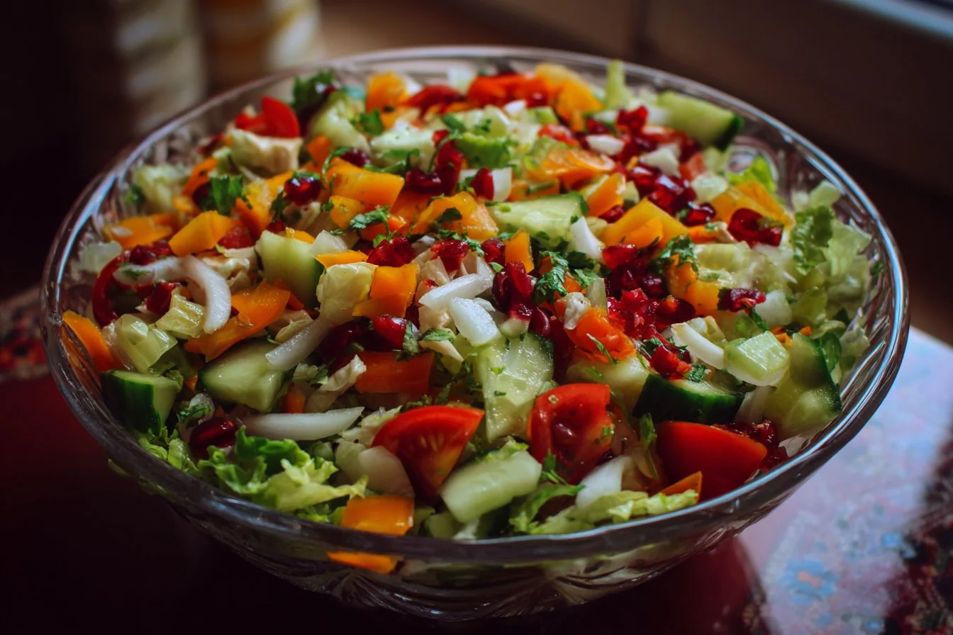 Colorful chopped salad with fresh vegetables and dressing in a bowl